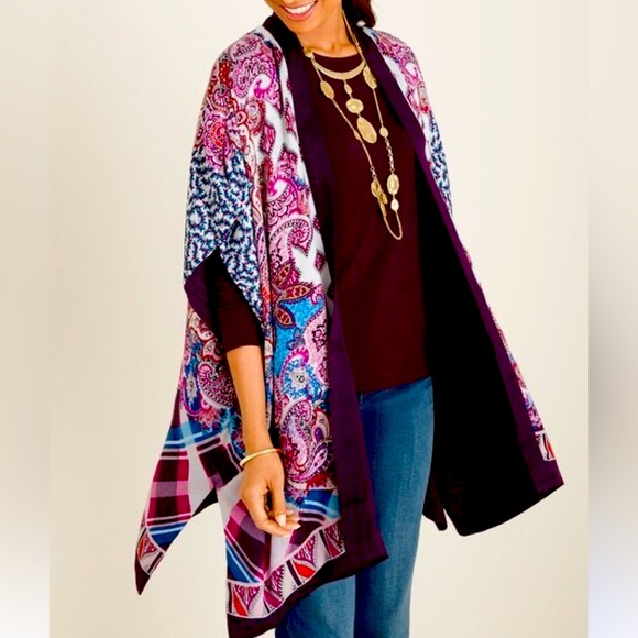 Chico's Women's Floral Plaid Paisley mixed print Ruana Wrap Kimono Boho Size S/M - Picture 2 of 12